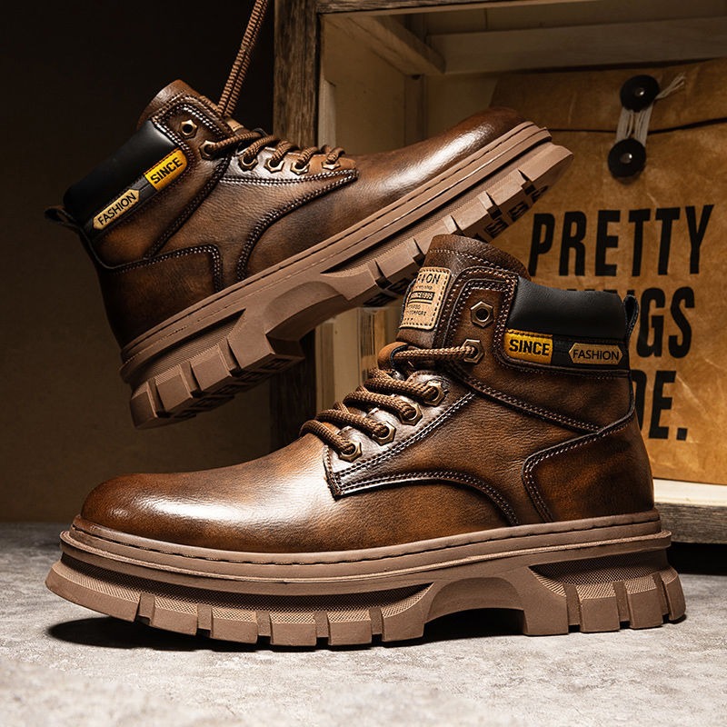 Leather Work Flats - Vintage Men Platform Ankle Boots Autumn