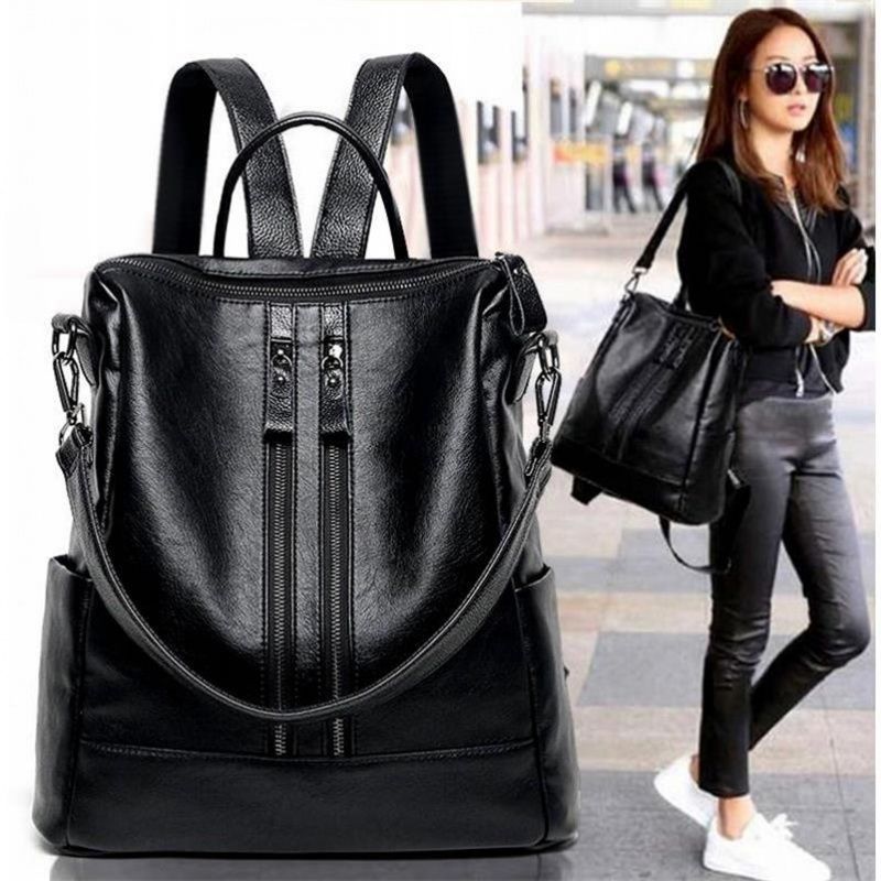 Leather Work Backpack - Women Soft Leather Backpack School Black