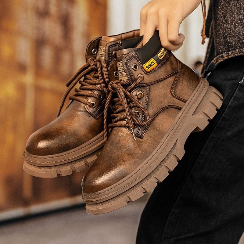 Vintage Men Platform Ankle Boo - Leather Work Flats ulasan dan harga