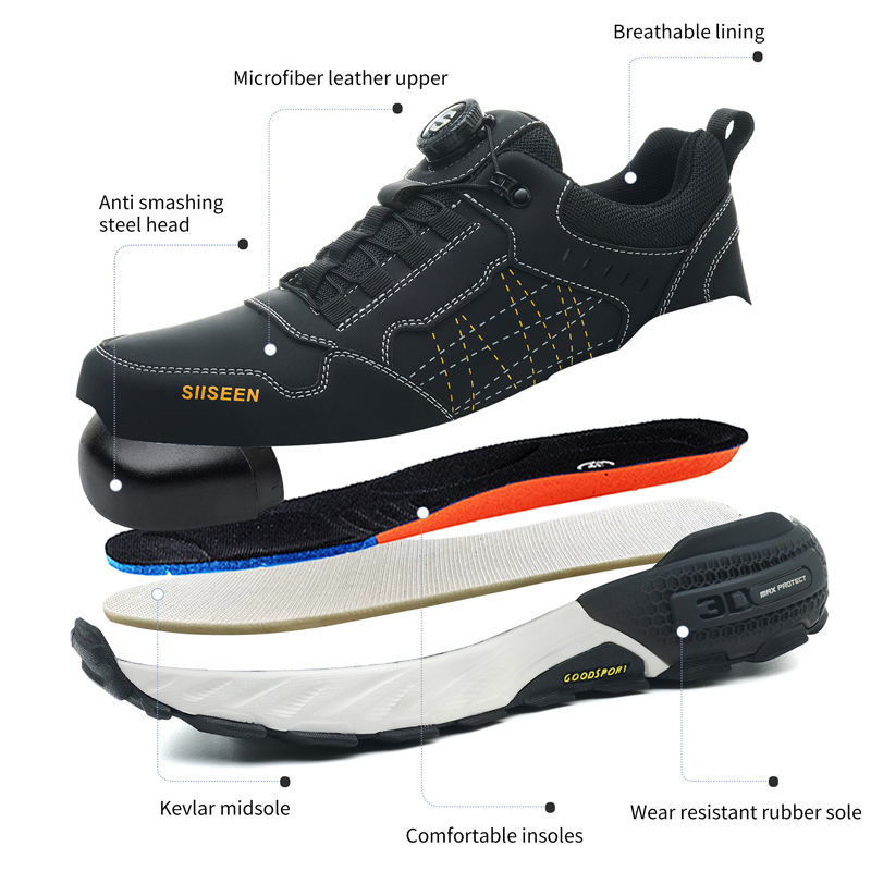 Black Leather Safety Shoes Sec - Leather Work Flats ulasan dan harga